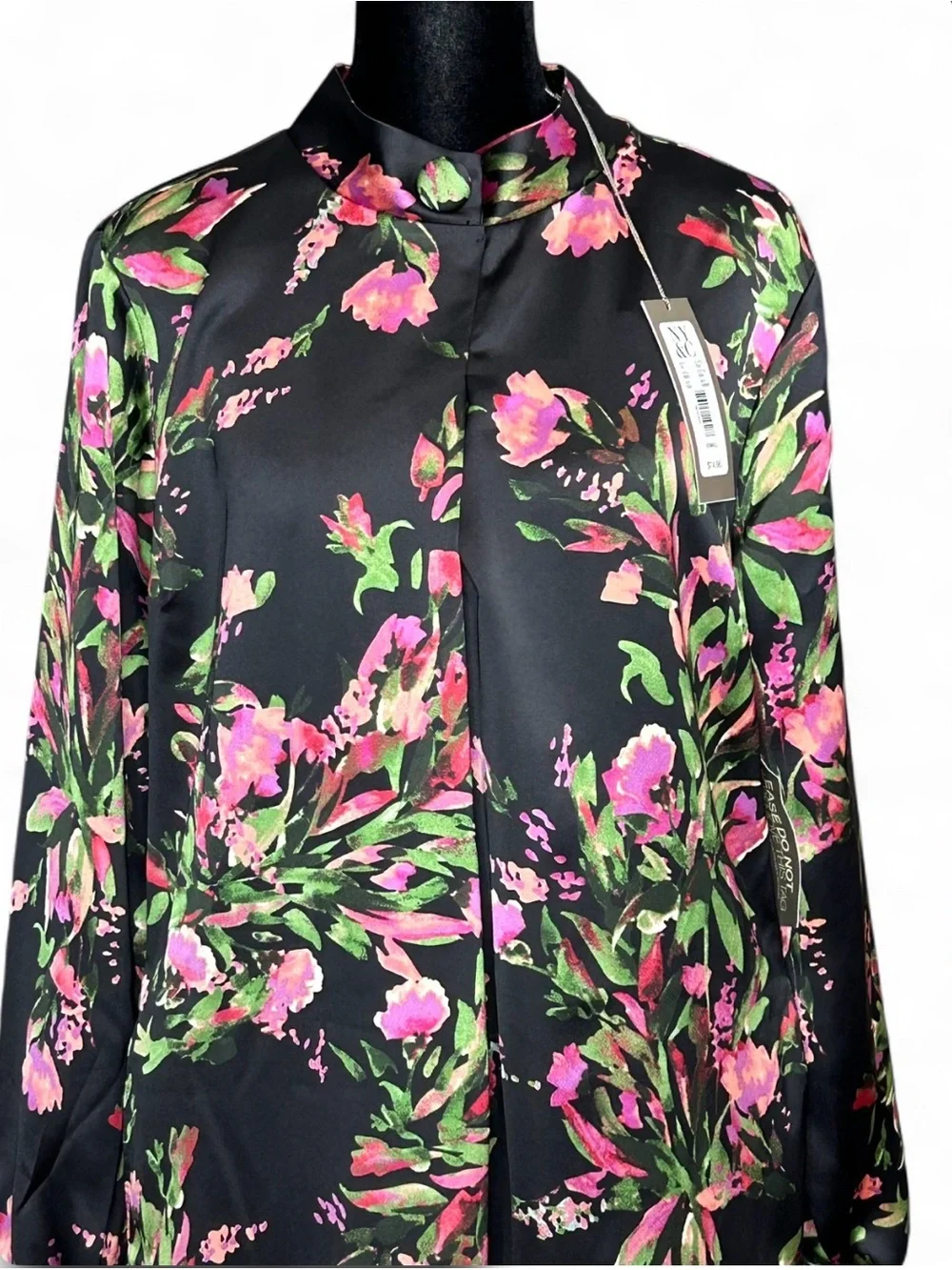 Eva Mendez Black Floral Satin Shift Dress - Pink & Green Blooms Long Sleeves NWT
